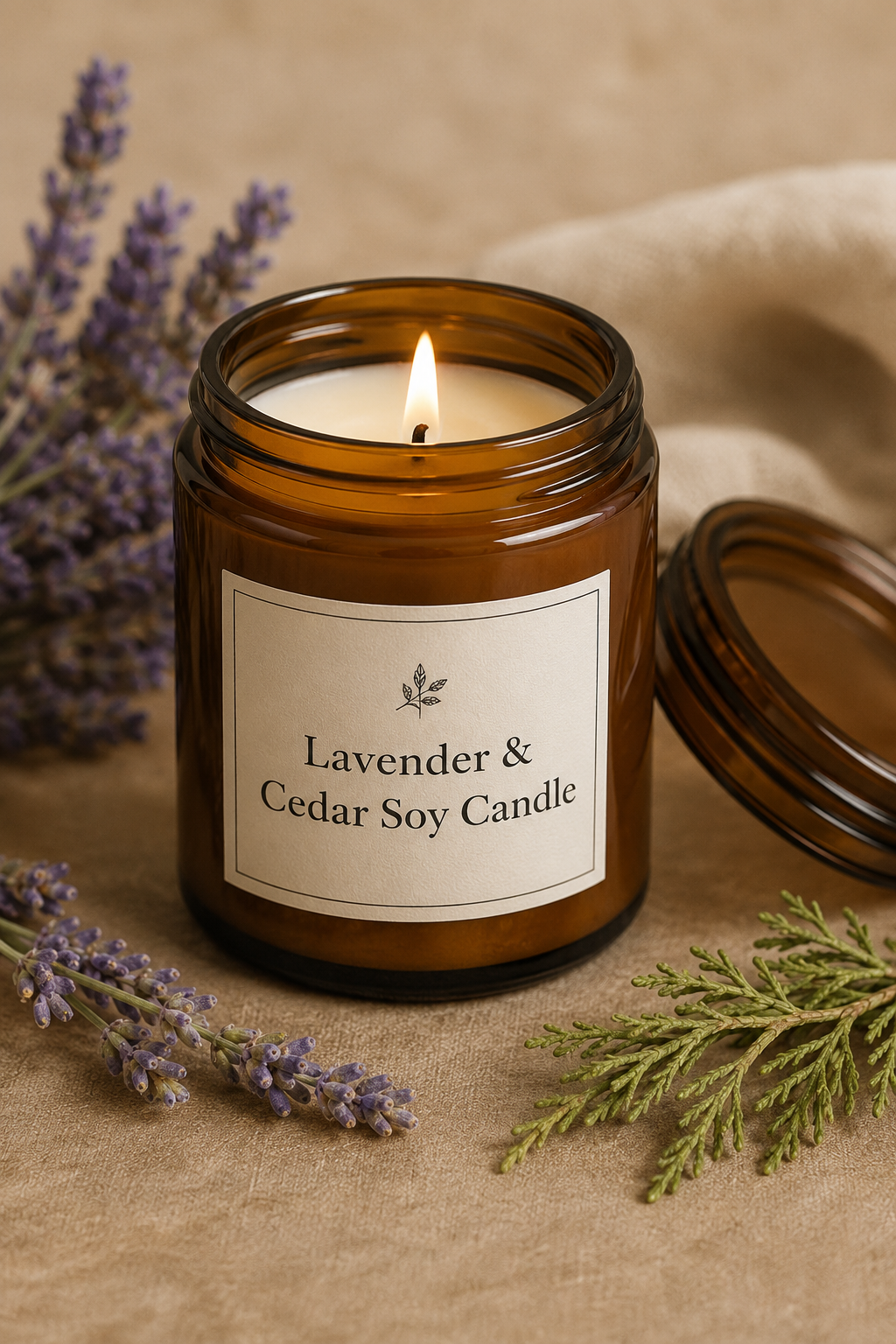 High-resolution representative image of a handmade lavender and cedar soy candle in amber glass