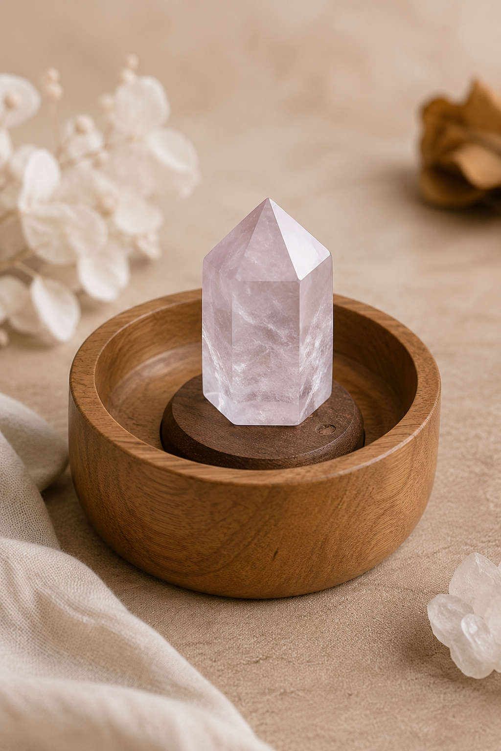 High-resolution representative image of a wooden crystal display stand