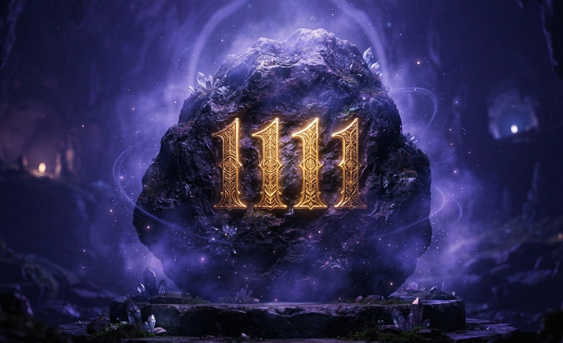Manifestation angel number 1111 in glowing gold on a sacred stone with a purple portal background.