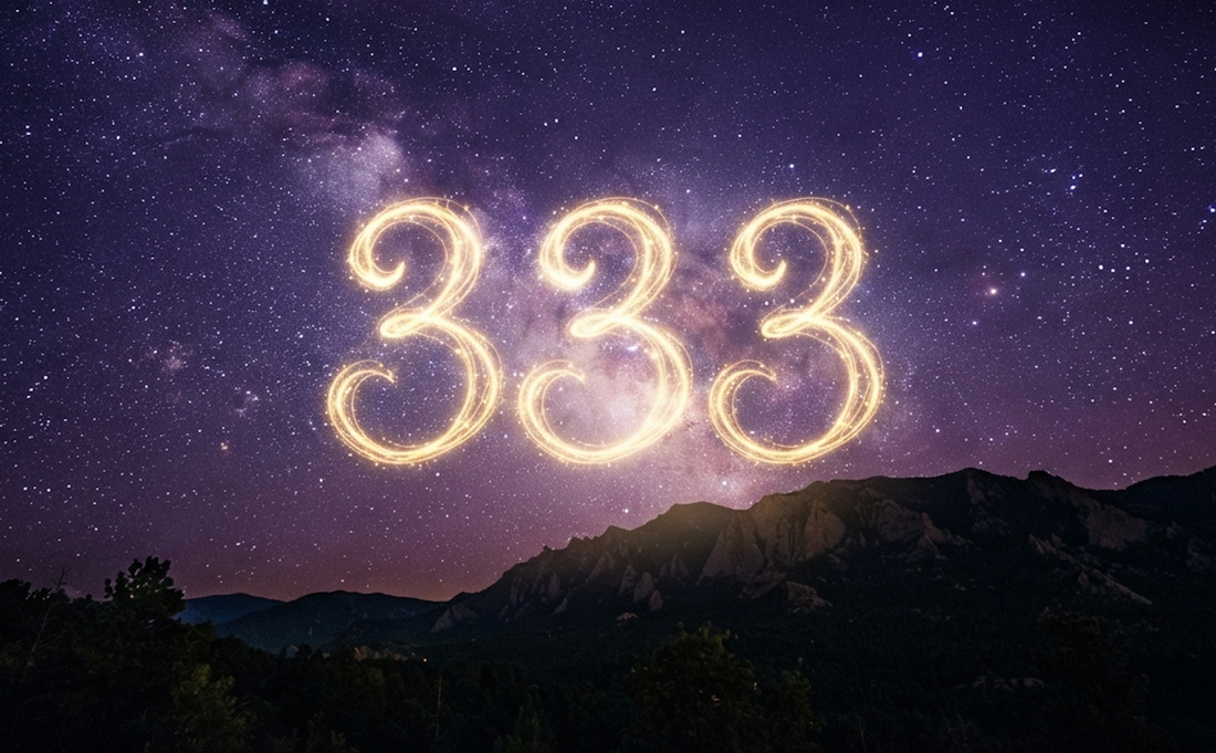 Ethereal golden sparkler light painting of the 333 angel number floating in a deep purple and violet starry night sky above a dark mountain silhouette, symbolizing spiritual growth, manifestation, and divine guidance