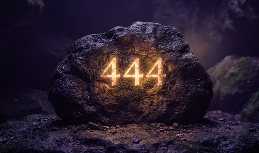 A centered cinematic image of the angel number 444 glowing in a warm gold light on a grounded stone, surrounded by deep violet darkness and a soft, calm haze