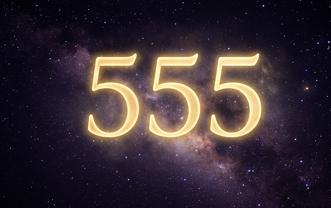 Golden glowing 555 angel number set against a dark, mystical starlit night sky, representing spiritual transformation, love, and major life changes