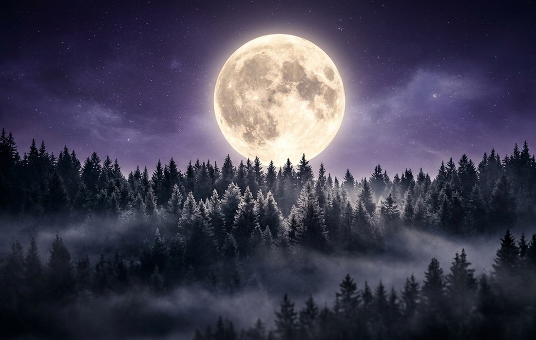 Full moon shining over a misty forest, representing full moon spiritual meaning and its emotional impact.