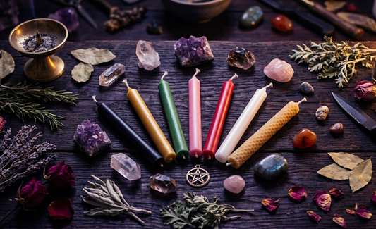 Colorful candles arranged with crystals and herbs, illustrating candle color meanings for magical practices.