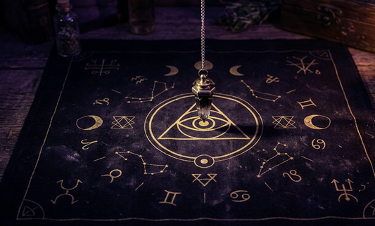 A pendulum hanging still above a dark cloth marked with gold symbols, lit by candlelight