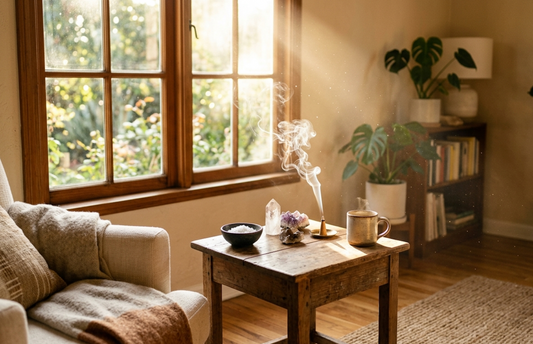 A cozy living room scene showcasing a wooden table with cleansing items, illustrating how to cleanse your home of negative energy.