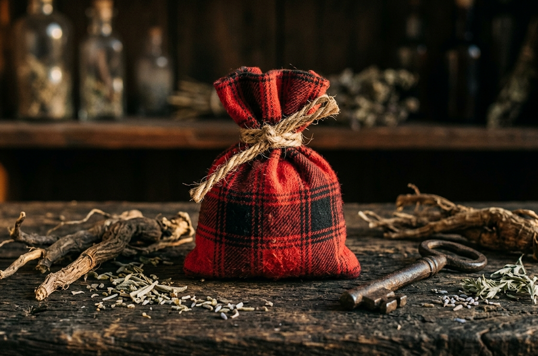 A red and black plaid pouch used in hoodoo practices, surrounded by herbs and a vintage key.