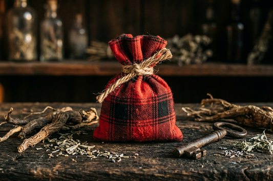 A red and black plaid pouch used in hoodoo practices, surrounded by herbs and a vintage key.