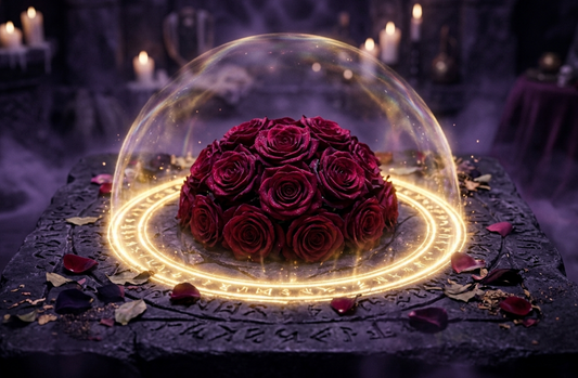 A protective spell depiction with glowing roses under a magical dome, symbolizing what is a protection spell.