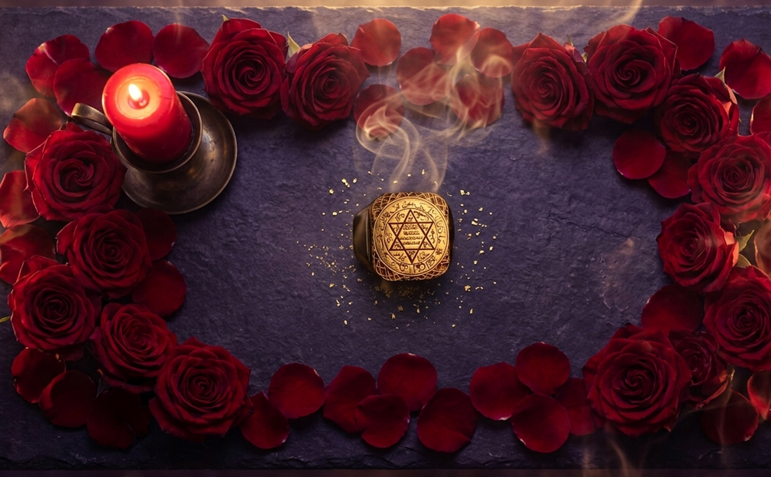A King Solomon silver ring on a dark altar with red roses and a red candle