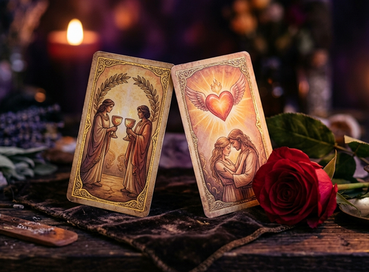 Tarot for love cards depicting romance and emotional connection with a rose and candle in a mystical setting.