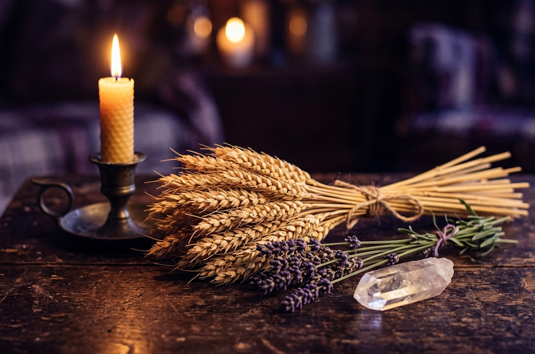 Virgo zodiac sign altar setup featuring candle, wheat, lavender, and quartz crystal.