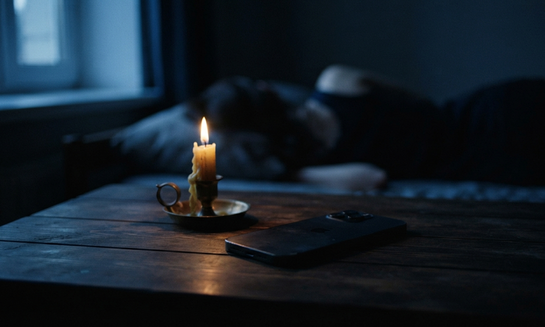 A dimly lit room with a candle and a phone on a table, illustrating the feelings behind 'why is he ignoring me'.