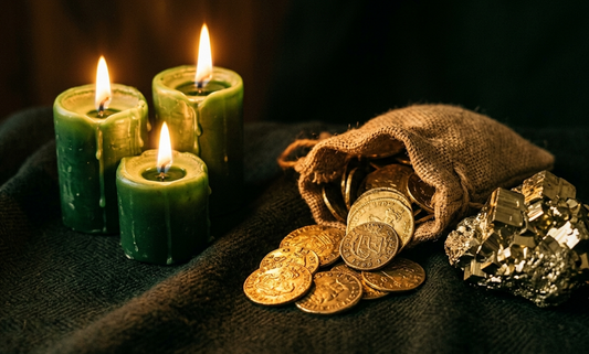A cinematic still of three green candles burning next to a burlap sack spilling gold coins and raw pyrite on a dark, textured cloth, illustrating ancient rituals for attracting wealth and abundance