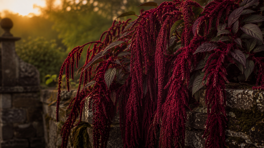 Crimson love-lies-bleeding amaranth flowers cascading over an old stone garden wall