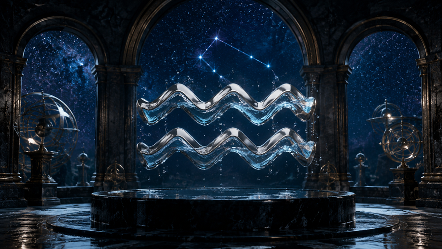 Silver Aquarius zodiac wave symbol beneath the Aquarius constellation in a cobalt celestial observatory