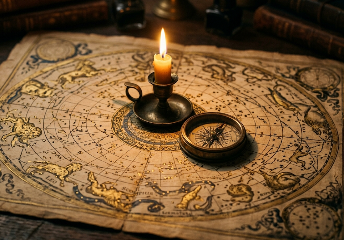Astrology for beginners: a vintage star map with a candle and compass for celestial navigation.