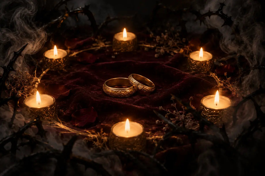 Two gold rings protected by candlelight from dark smoke and thorny shadows