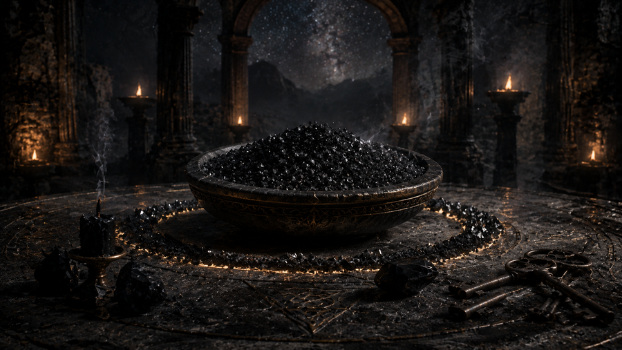 Black ritual salt in an antique bowl inside a dark protective circle
