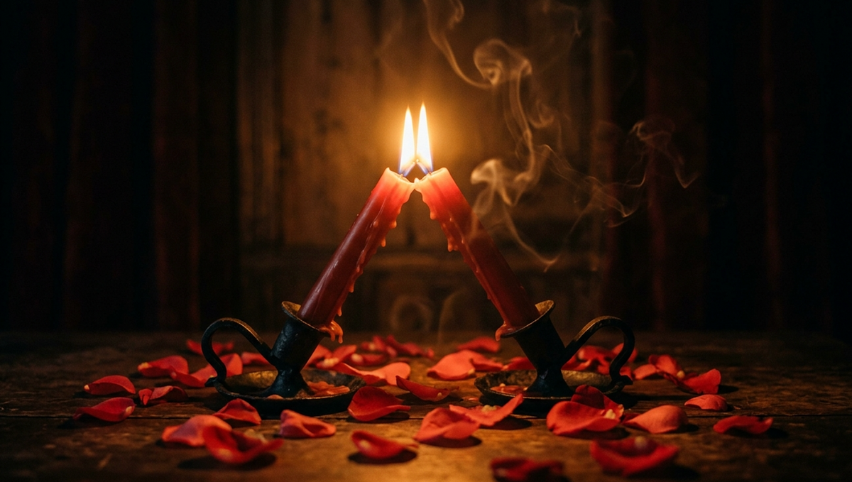 Two red candle flames leaning together in candlelight, bring back ex love spell