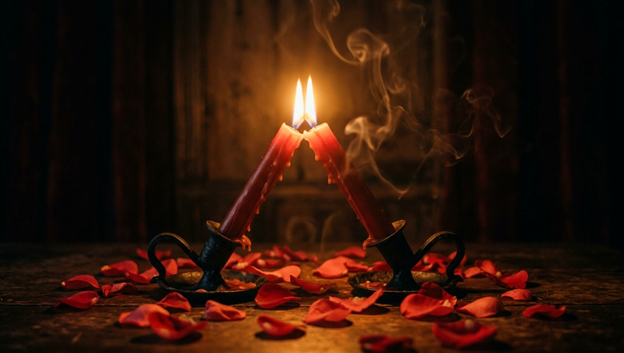 Two red candle flames leaning together in candlelight, bring back ex love spell