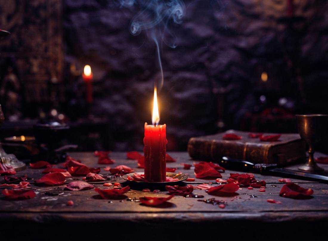 A red candle surrounded by rose petals, symbolizing powerful love spells and the magic of love.