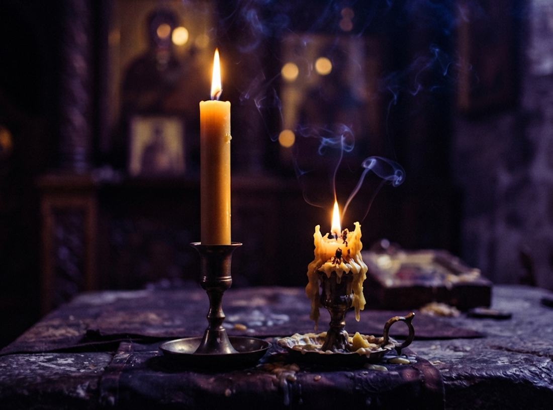 Two candles lit in a dimly lit room, capturing a mystical atmosphere with flickering flames and smoke.