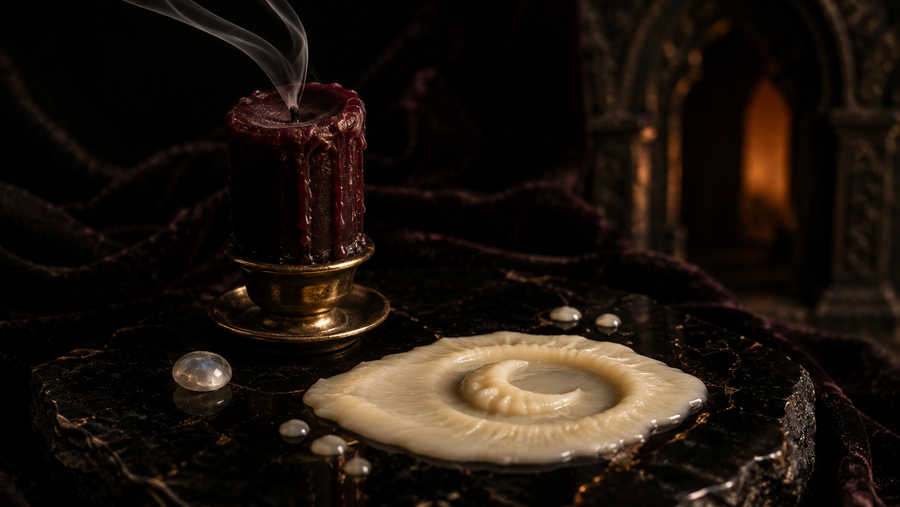 Oxblood candle beside a crescent-shaped ivory wax pool used for candle wax reading