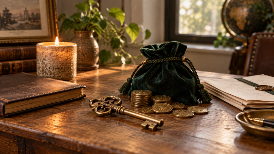 Vintage desk with green velvet pouch coins brass key candle and old books symbolizing Clauneck wealth and opportunity
