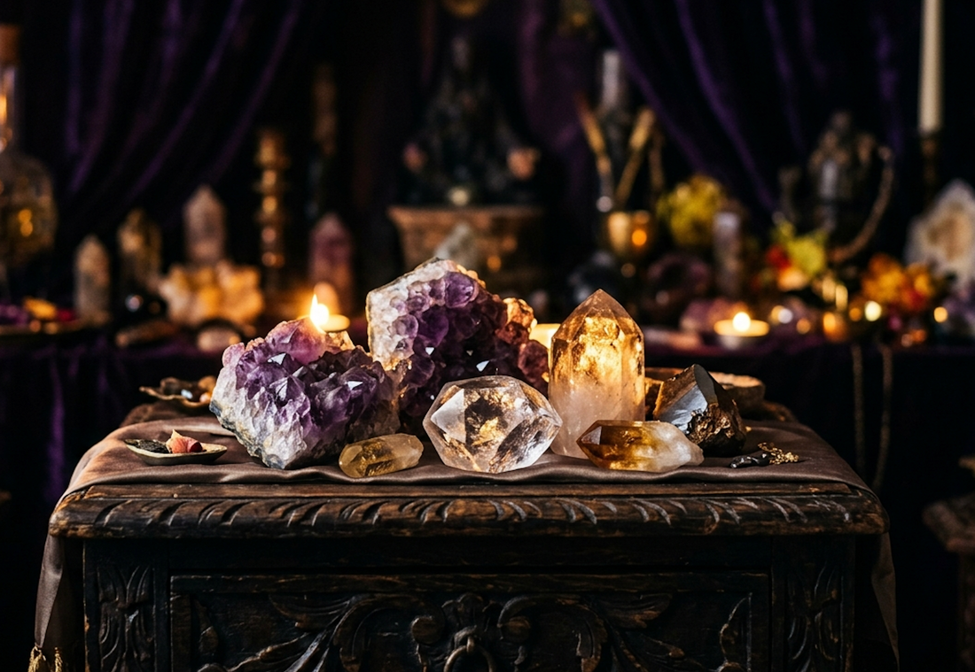 Crystals for money displayed on a rustic table, featuring various colorful stones and candles, enhancing wealth energy.