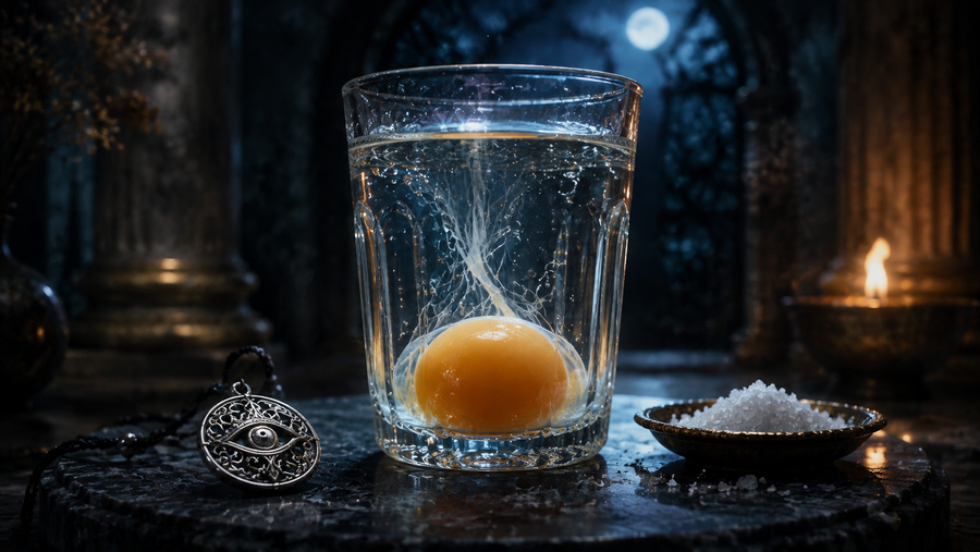 Egg cleanse meaning shown by an intact egg in a clear glass with bubbles and white strands