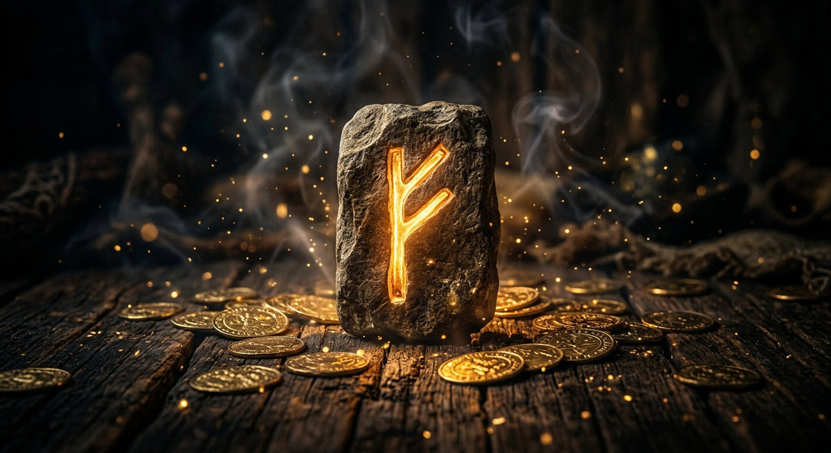 A glowing carved rune with gold coins, the Freya rune Fehu of wealth and abundance