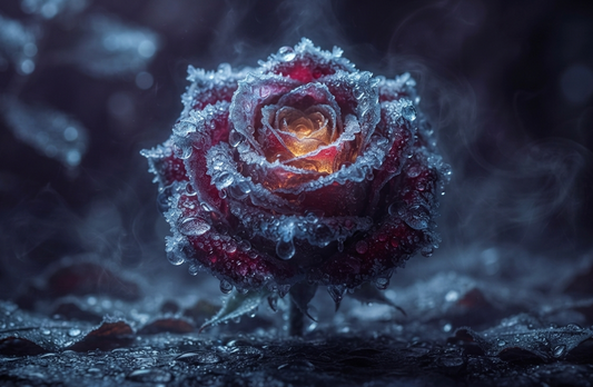 A beautiful frozen rose surrounded by mist and droplets, symbolizing love's fading warmth.
