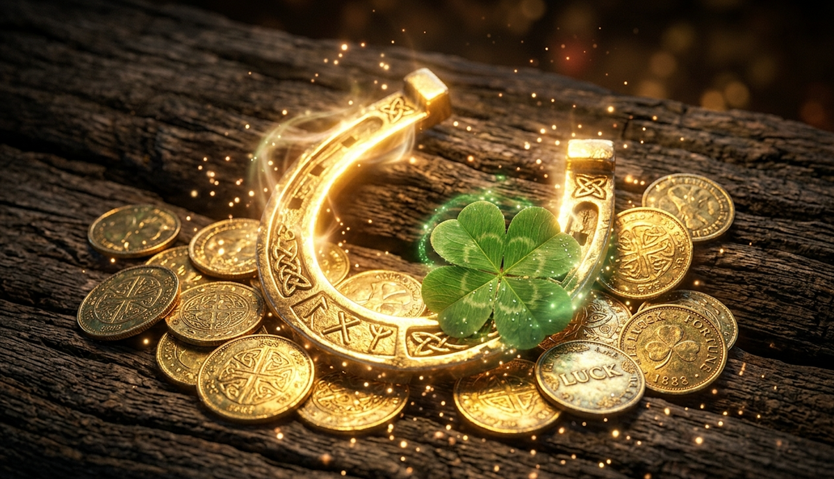 A glowing horseshoe, four leaf clover, and coins, 15 good luck superstitions and symbols