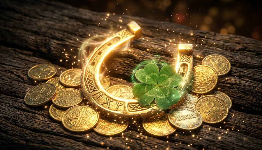 A glowing horseshoe, four leaf clover, and coins, 15 good luck superstitions and symbols