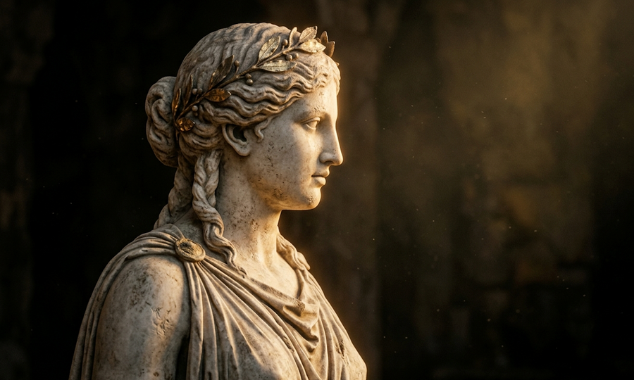 A marble statue of a Greek goddess in warm golden light, the Greek goddesses explained