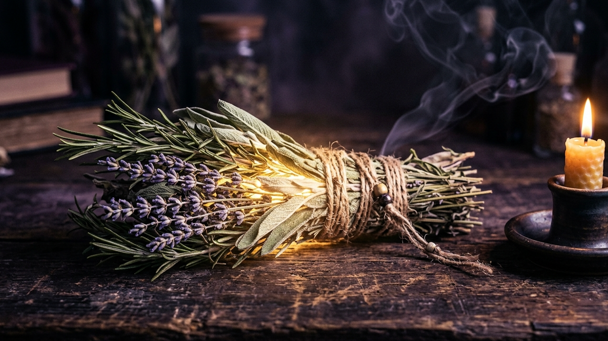 A glowing bundle of magical herbs by candlelight, herbs for witchcraft and their uses