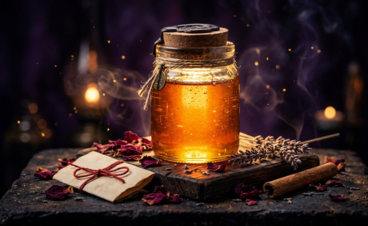 Signs your honey jar spell is working with a glowing honey jar and spell components on a dark background.