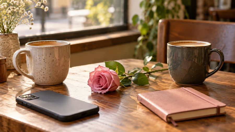 Romantic coffee table with rose phone and journal symbolizing lingering love