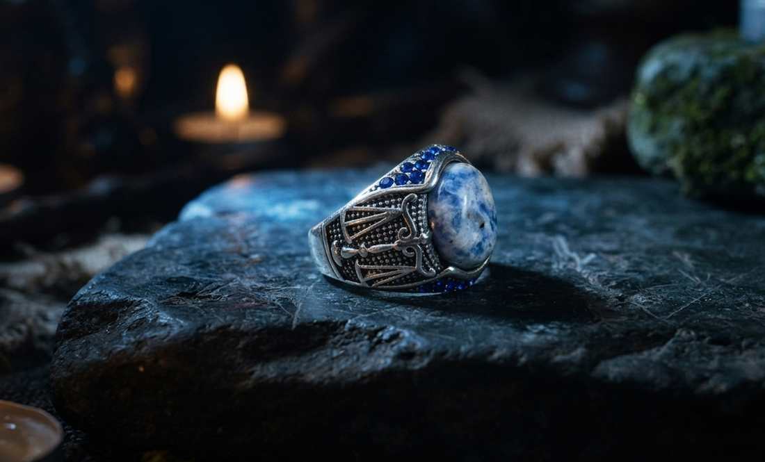 Ornate Khodam ring with sodalite gemstone used as a spiritual vessel
