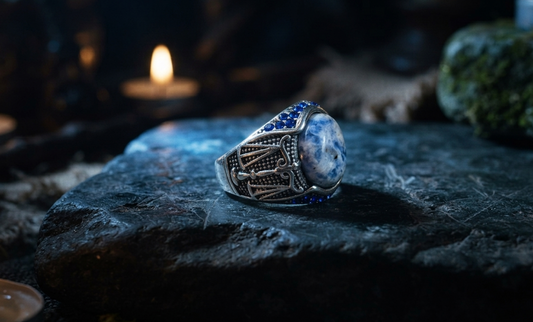 Ornate Khodam ring with sodalite gemstone used as a spiritual vessel