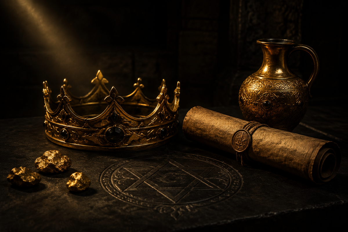 King Solomon wealth symbolized by an ancient crown, gold and sealed scroll