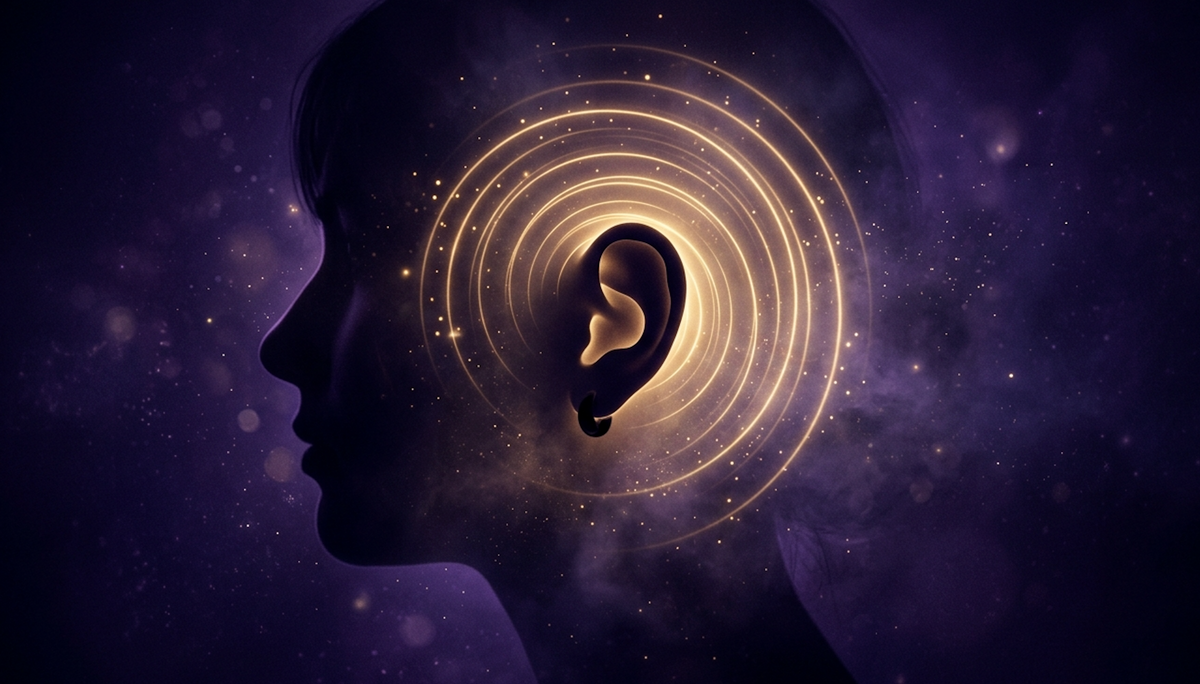 A glowing ear with rings of light, left ear ringing spiritual meaning and messages