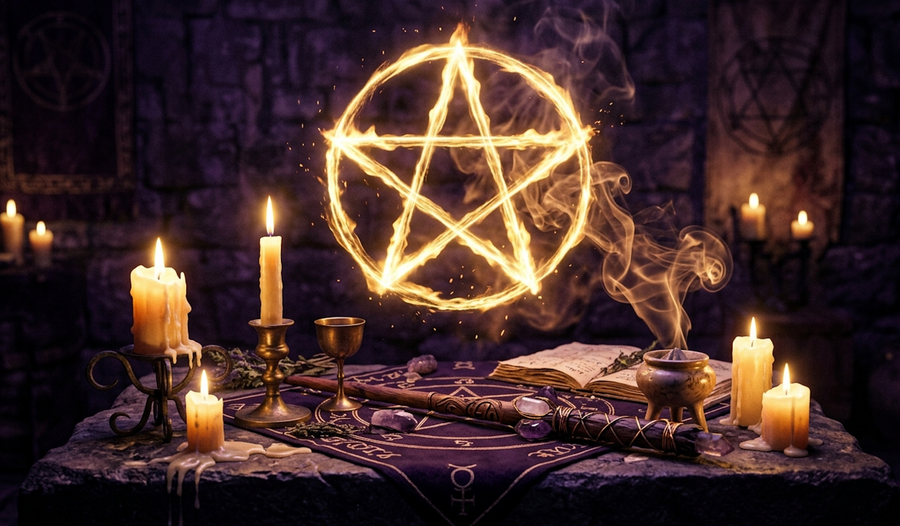 A glowing pentagram over a candlelit altar, the Lesser Banishing Ritual of the Pentagram