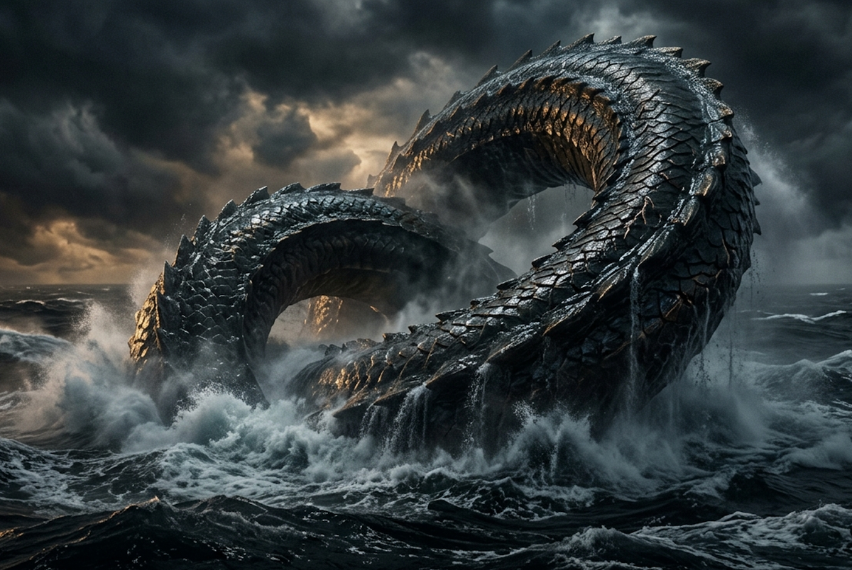 A giant sea serpent coil rising from dark stormy water, Leviathan the sea monster