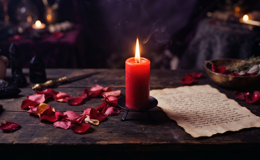 A red candle with glowing flame surrounded by rose petals and a parchment, illustrating what is a love spell.