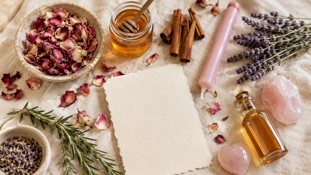 Love spell ingredients including rose petals, honey, cinnamon, lavender, rosemary, rose quartz, oil and an unlit pink candle