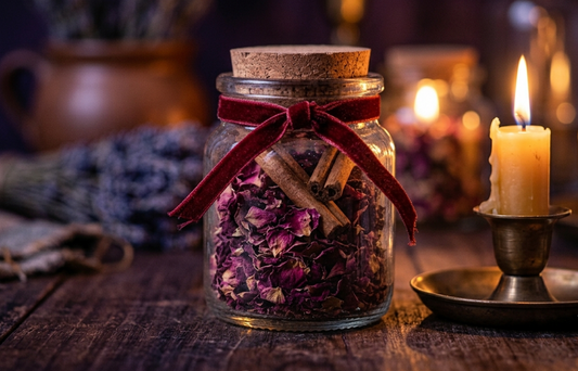 Handmade love spell jar with dried rose petals, cinnamon, and red ribbon beside a burning candle for romance and manifestation