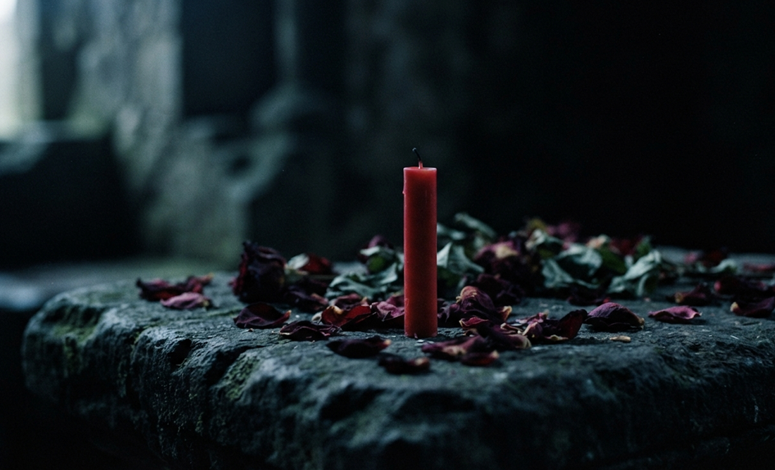 Unlit red candle on stone altar with scattered dried rose petals and wilted flowers in a dark, moody, ancient chamber. Depicts failed love spell or ritual outcome. Cinematic atmosphere with shallow depth of field.