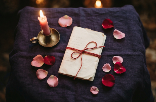 An open spellbook with a candle and rose petals, showcasing easy love spells that work.